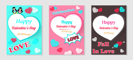 Fototapeta na wymiar Vector illustrations with pink, white, blue heart, and penguin elements for a Valentine's Day banner or greeting card set of three concepts.