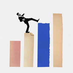 Contemporary art collage. Young man balancing standing on histogram and steps on it like on career ladder against grey background. Concept of business development, career growth, strategy. Ad