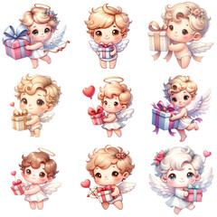 sticker clipart cute cupid hiding heart-shaped gift box cartoon in valentine’s day, generative ai
