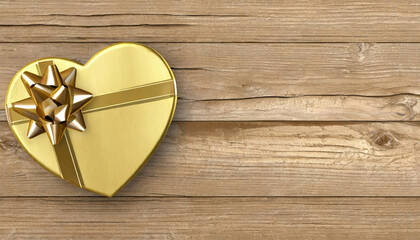 Golden, handmade gift box in the shape of a heart on a wooden background, top view