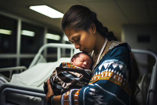 The initial moments of motherhood with a photo of a mom of Indigenous descent holding her newborn, their faces expressing profound love in the hospital's maternity ward