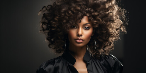 Fototapeta premium Elegant Black woman with voluminous afro hairstyle in monochrome portrait