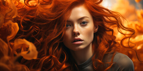 Ethereal Woman with Flowing Fiery Red Hair Enveloping Her in a Whirl of Color and Movement