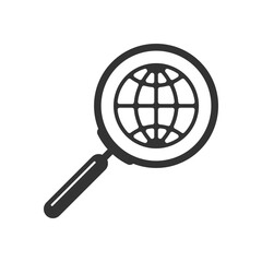 World net in the magnifying glass graphic sign. Sign web searching isolated on white background. Vector illustration