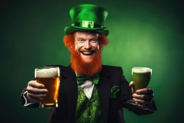 Man with beard in green costume at St Patrick day on background