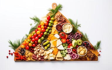 A mouth-watering Christmas grazing board creatively arranged as a Christmas tree, set on a wooden...