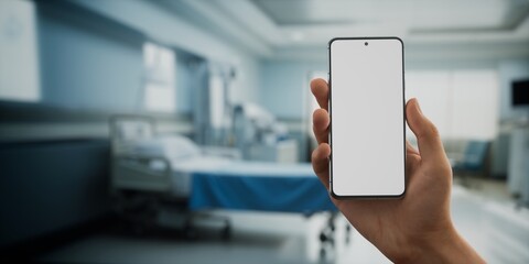 CU Caucasian man doctor or patient using his phone inside hospital room