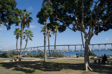 The San Diego-Coronado bridge, Palm trees in the foreground, view from Coronado Tidelands Park, CA,...