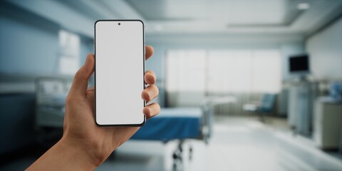 CU Caucasian man doctor or patient using his phone inside hospital room