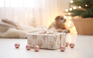 Fototapeta na wymiar Wrapped Christmas gift on a festive background