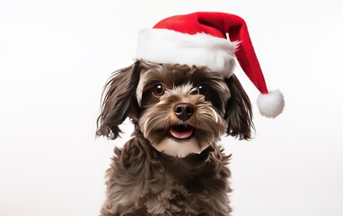 Cute dog wearing a Santa hat against a white background