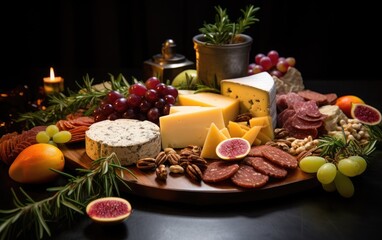 Obraz na płótnie Canvas A mouth-watering Christmas grazing board showcasing a mix of holiday-themed cheeses, charcuterie, and seasonal fruits, elegantly presented on a wooden surface