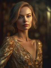 Slavic woman with blond hair in golden dress. Luxury and premium photography for advertising product design. Fashion beautiful ai generated woman