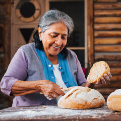 Elderly Latin woman cutting fresh bread in the kitchen of her house - obrazy, fototapety, plakaty