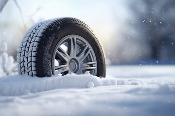Winter Car tire with snow in detail, macro photo, tyre in winter weather concept. Generative AI - obrazy, fototapety, plakaty
