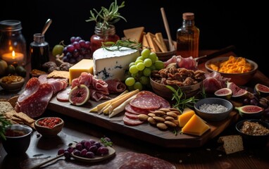 Fototapeta na wymiar A Christmas grazing board with a variety of cheeses, charcuterie, and holiday-themed goodies, arranged on a festive platter