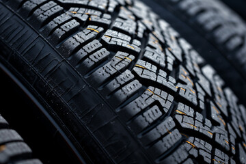 Winter Car tire with snow in detail, macro photo, tyre in winter weather concept. Generative AI