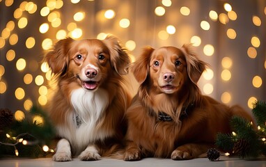 Festive dogs in the holiday spirit with Christmas decorations and garlands, bringing joy against a festive background