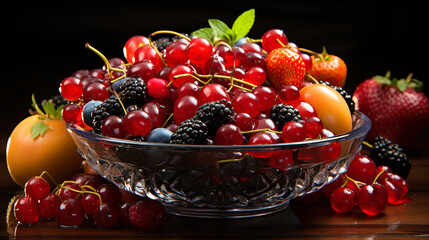 Fresh Grapes and Blackberries on a Bowl of Mixed Fruits Wooden Background