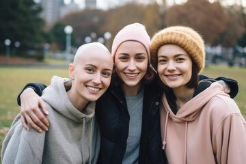Young woman with cancer without hair talking about her experience to friends outdoors