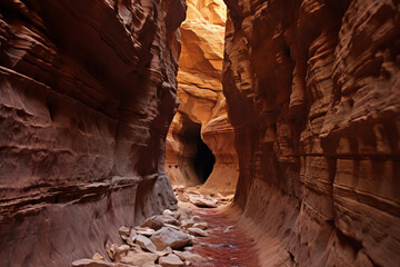a narrow canyon with rocks and a light shining through - Powered by Adobe
