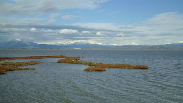 Drone aerial view of Flamingos in the sea in Koronisia region of Greece with snow capped mountains in the background