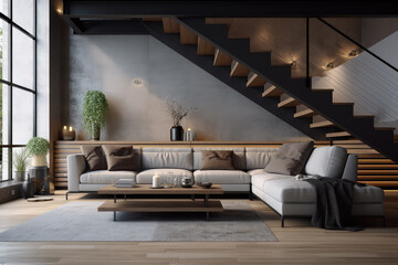Urban charm of loft living with this modern interior design, featuring a cozy grey sofa and a wooden staircase beside a stunning floor-to-ceiling window.