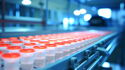Medical vials on a production line in a pharmaceutical factory. Background with selective focus. Pharmaceutical production line.