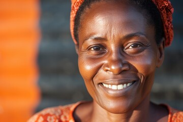 Happy elderly black skin african lady outdoors