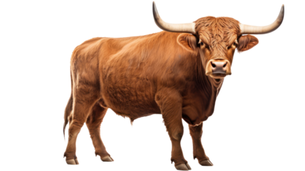 A standing brown bull, transparent or isolated on white background