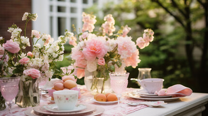 Obraz na płótnie Canvas a festively laid table in the garden with flowers and decor in peach fuzz, the color of the year 2024