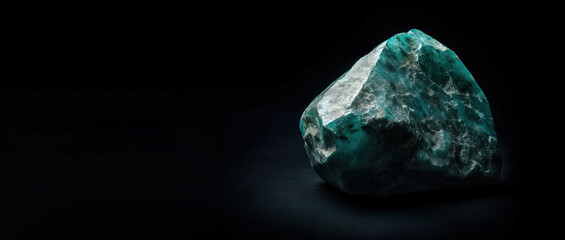 Grandidierite is a rare precious natural stone on a black background. AI generated. Header banner mockup with space.
