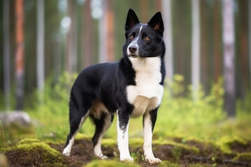 Naklejka na ściany i meble Karelian Bear Laika purebred beautiful breed of dog, background nature.