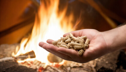 Fiery Embrace: Wood Pellets Ignite Warmth in Hand. Generative AI - obrazy, fototapety, plakaty