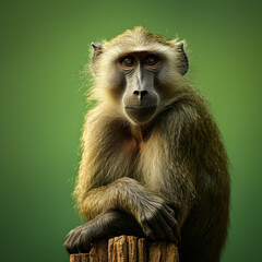 Olive baboon sitting on concrete post against green background, ai technology