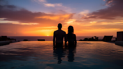 Rear view silhouette of a couple in love on vacation