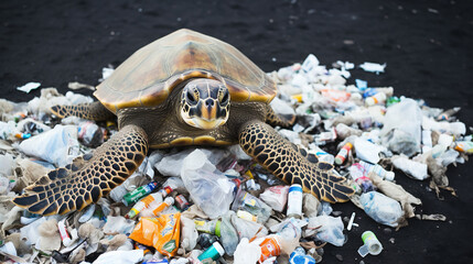 Sea turtle among plastic garbage on the beach sand. Concept of environmental pollution and the death of wild animals - 696328780
