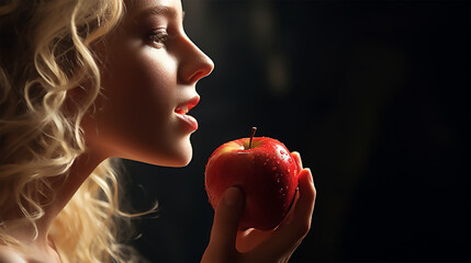 beautiful blonde woman eating a red apple