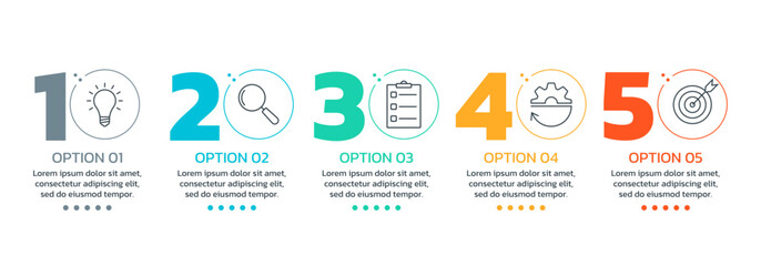 5 step, option infographic template. Process diagram, business presentation with modern icons. Timeline info graphic design. Five option flow chart, layout concept. Vector illustration.
