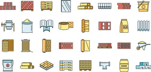 Modern construction materials icons set. Outline set of modern construction materials vector icons thin line color flat on white