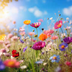 Obraz na płótnie Canvas Colorful flower meadow with sunbeams and blue sky, nature background, ai technology