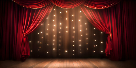 Red curtains part to reveal, setting the scene for a dazzling performance,,
closed curtains of a grand stage,,
Red Stage Curtain and Wooden Floor - 696329505