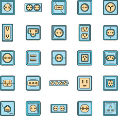 Electric power socket icons set. Outline set of electric power socket vector icons thin line color flat on white