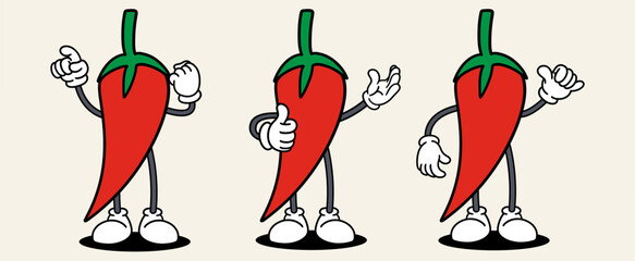 Chili set mascot of 70s groovy. Collection of cartoon,retro, groovy characters. Vector illustration.