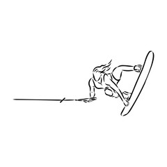 Single continuous line drawing of young sporty surfer man play wakeboarding in the sea.