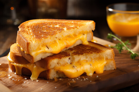 grilled cheese sandwiches on a wooden surface next to a glass of orange juice