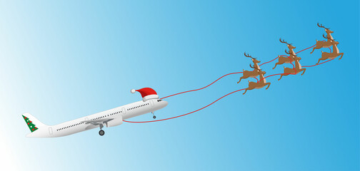 A flying Christmas airplane pulled by reindeer. Christmas Vacation. Holiday travel. Fabulous Christmas and New Year's Eve. New year 2024. Izolated object.