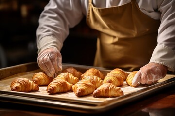 Obraz na płótnie Canvas Photo of a baker shaping artisan croissants. Generative AI