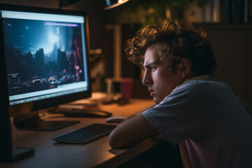 Upset young man, teenager losing computer game. Tired teenager playing all night long at home. Technology, gaming addiction, emotion, psychological problems in adolescence concept - obrazy, fototapety, plakaty