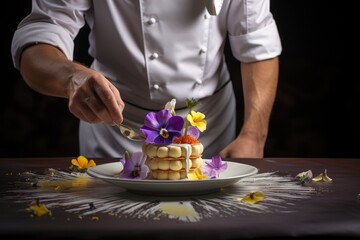Photo of a chef garnishing a gourmet dessert with edible flowers. Generative AI